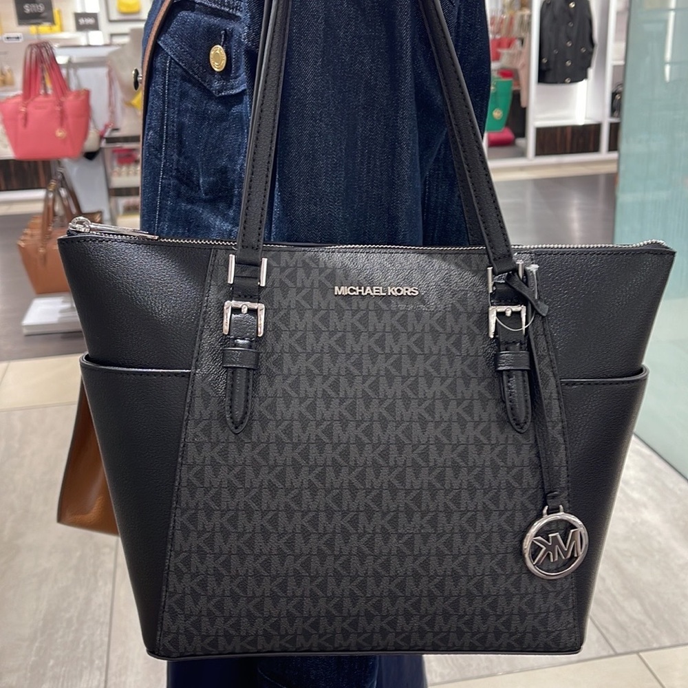 MICHAEL KORS CHARLOTTE LARGE TOP ZIP TOTE BLACK - Picture 9 of 16